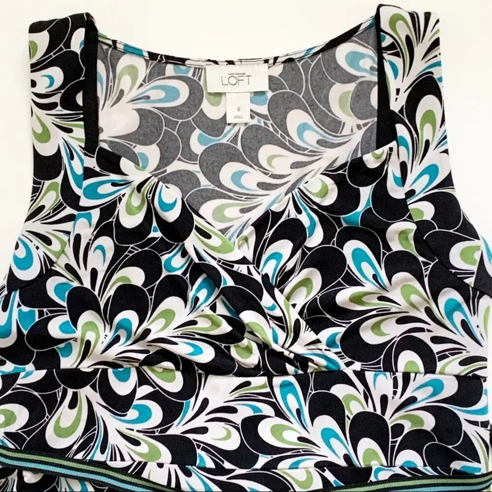LOFT Dress Brown Blue Green Floral Sleeveless Ribbon Belted Dress Size 6